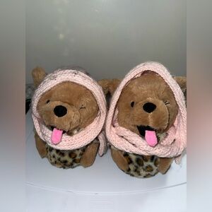 Aerie Cozy Brown and Cream Plush dog slippers